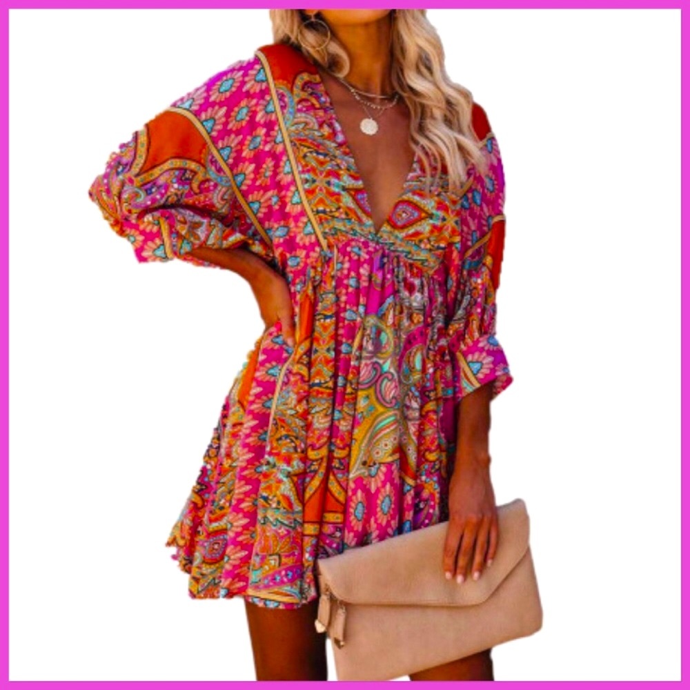 Multicolored V neck bohemian print